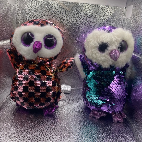 Ty Sequin Owl Plush in Purple and Orange - Picture 7 of 8